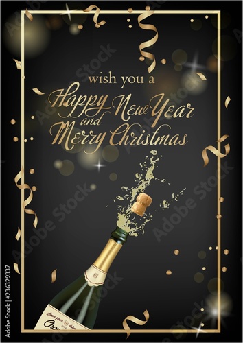 Vector illustration of opened bottle of champagne or sparkling wine with a cork and splash in photorealistic style. Greeting card. Christmas holiday banner with confetti and glitter 2019