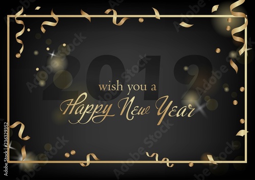 Vector illustration of new year Greeting card. Christmas holiday banner with confetti and glitter 2019. Dark shine background.