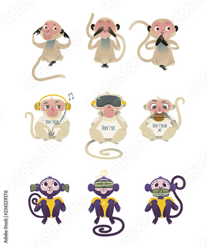 Vector dont see, dont hear, dont speak metaphor monkeys covering eyes, mouth, ears by hands and dollars, eating burger, wearing headphones and VR headset. Cartoon ape animals for moral design