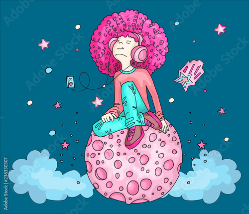 Vector Illustration of Young redhead Girl with Headphones, sitting on pink cartoon moon among two clouds, stars and listening music. Teenage young musical girl in bright colors, rebel girl