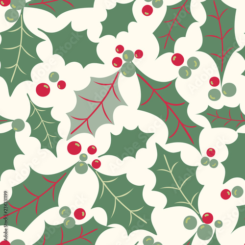 Festive Christmas pattern of holly leaves and berries on a light background. Seamless holiday vector pattern, great for party invitations, cards, textiles, gift wrapping paper and home decor.