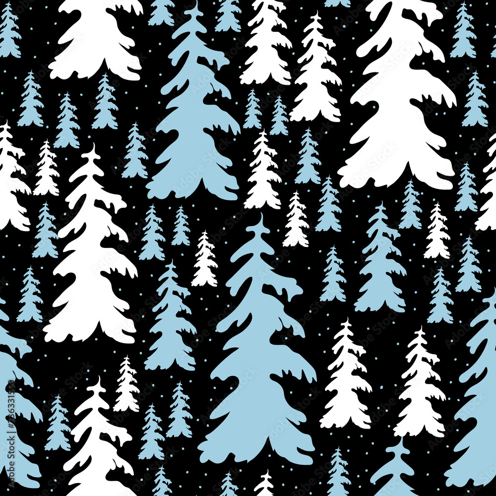 Obraz premium Vector Illustration. Seamless Doodle christmas tree icon. Winter trees background for design