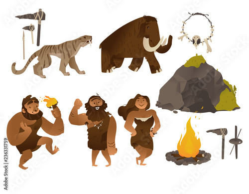 Stone age vector illustration set with various ancient people and tools and weapons, animals, cave and bonfire in flat cartoon gradient style isolated on white background - elements of caveman life.