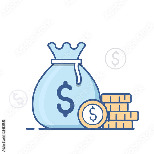 Money bag icon, moneybag  and coins. Vector illustration.