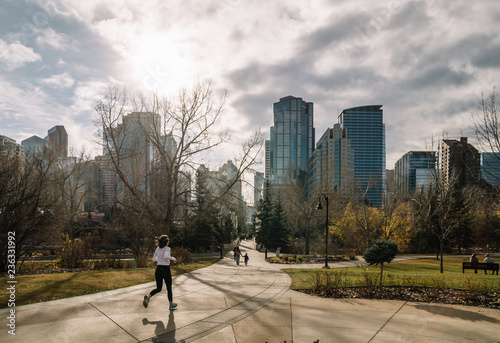 Woman jogging in Downtown Calgary