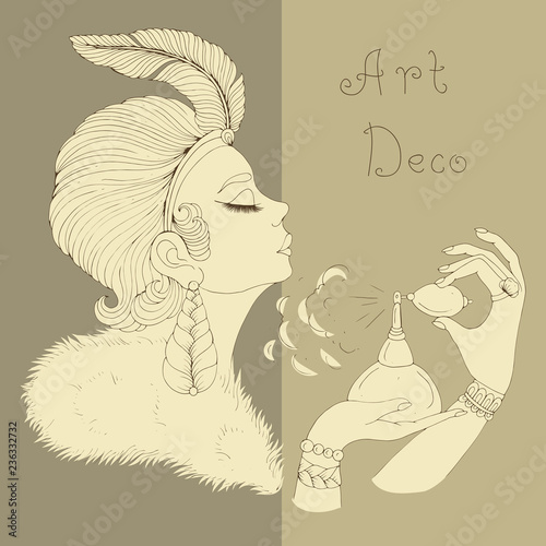 Vector portrait in profile of elegant lady in Art Deco. Girl with a feather in a short hairstyle and a fur cloak. She holds perfume retro bottle and sprays on the neck. Decorated Page in old paper 