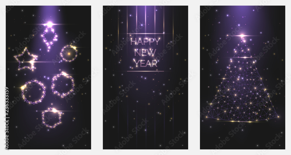 Vector illustration Happy New Year poster invitations. Set of Christmas trees and toys frames of bright light from particles symbol of holiday celebration. A4 banner Low polygonal mesh art night sky - obrazy, fototapety, plakaty 