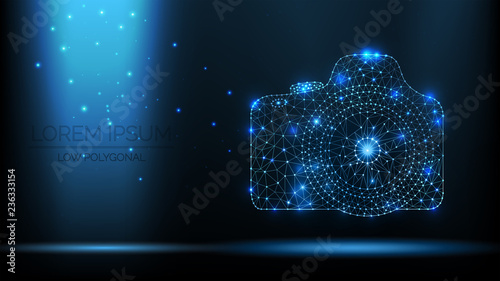 Abstract vector wireframe SLR photo camera. 3d modern illustration on dark blue background. Low polygonal mesh art looks like constellation night sky with dots and stars. bright light from particles