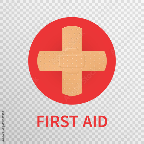 First aid sign isolated on transparent background. Red circle with adhesive plaster cross. Medical and pharmacy symbol. First aid icon for mobile app and website. Doctor online. Vector illustration