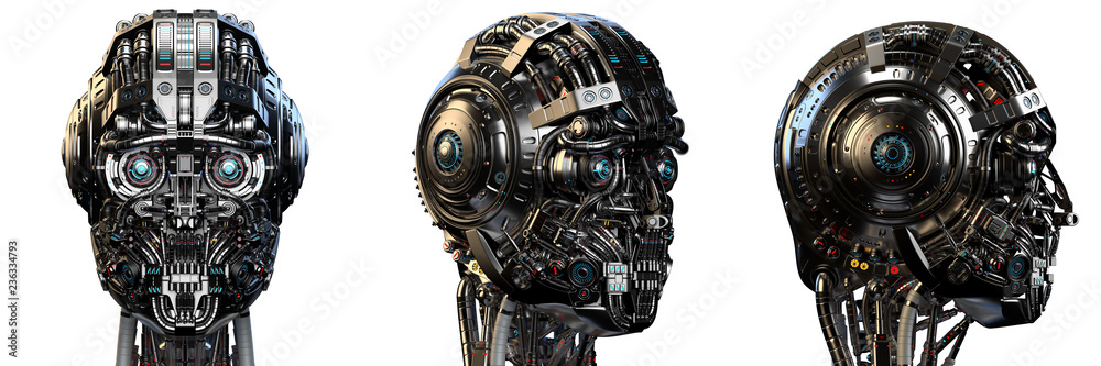 Robot head or very detailed cyborg face. Set of three different angles. Isolated on white background. 3D Render. - obrazy, fototapety, plakaty 