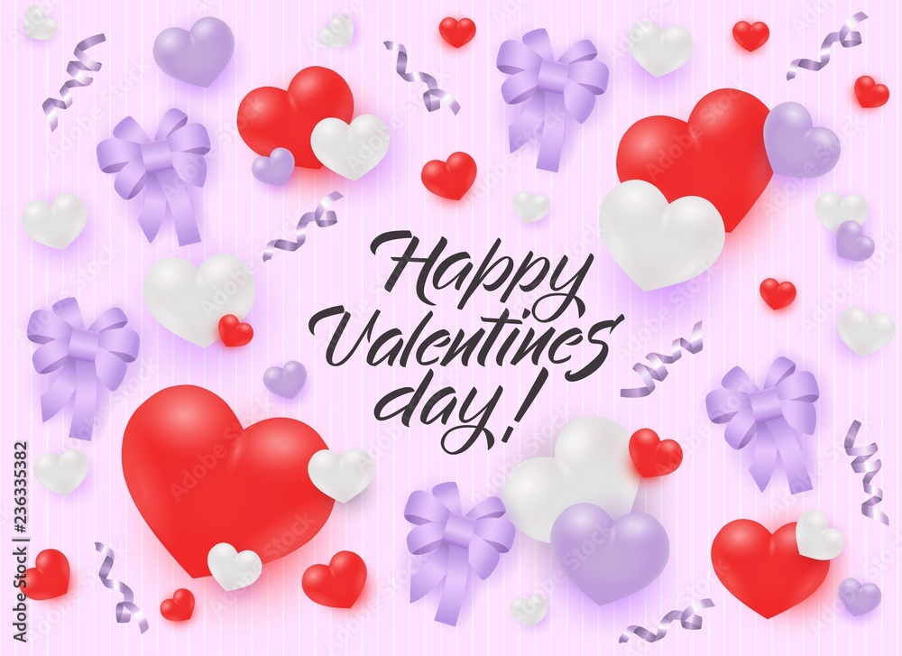 Happy Valentines Day congratulation banner with white red and purple realistic 3d heart shapes and ribbons with bows on pastel pink striped background in vector illustration.