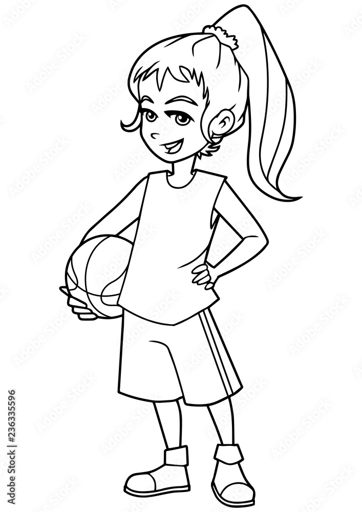 Full length line art illustration of cute and active girl holding a basketball while wearing cool summer clothing outdoors against white background for copy space. Full length line art illustration of cute and active girl holding a basketball while wearing cool summer clothing outdoors against white background for copy space.