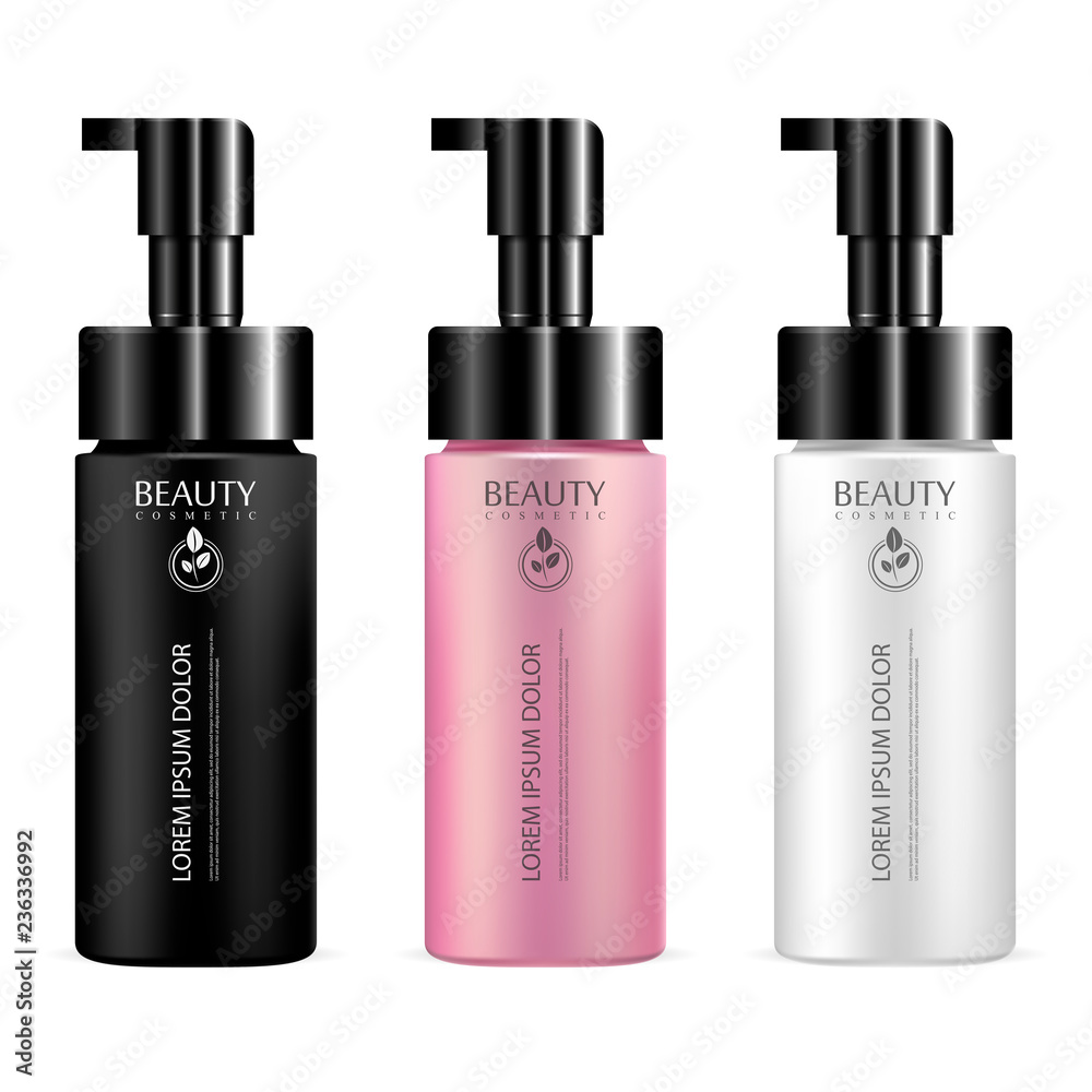 Pump bottles for cosmetic products. Dispenser pump containers mockup template. 3d realistic vector illustration. Pump bottles for cosmetic products. Dispenser pump containers mockup template. 3d realistic vector illustration.