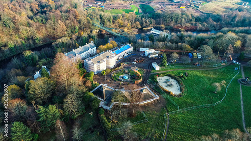 Aerial image of the David Livingstone memorial bridge and Blantyre Weir on the River Clyde.