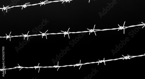 White silhouette barbed wire on black background typically surrounds prisons, borders and private property. Concept for restricted area, immigration themes, imprisonment, jail. Negative color effect.