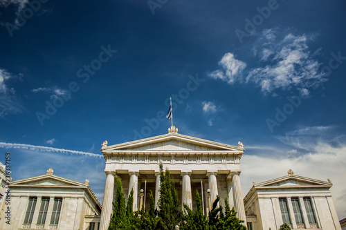 symmetry luxury building of university campus Roman architecture example in vivid colors on blue sky background  copy space