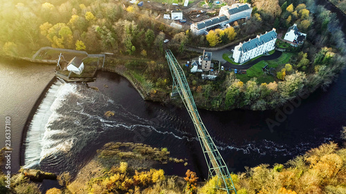 Aerial image of the David Livingstone memorial bridge and Blantyre Weir on the River Clyde.