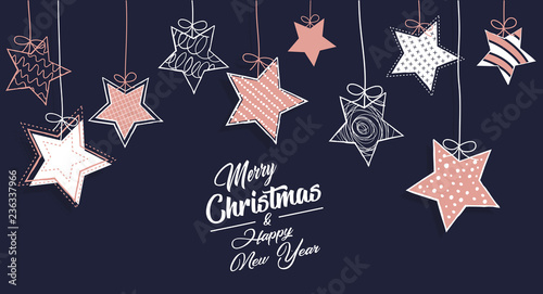 Modern greeting card Merry Christmas background. Vector illustration with Christmas stars. The colors copper pink, white and navy blue.