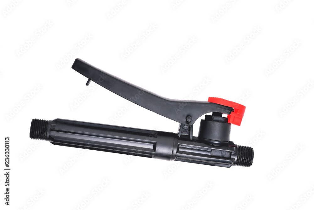 black watering hose connector With red latch isolate close-up black watering hose connector With red latch isolate close-up