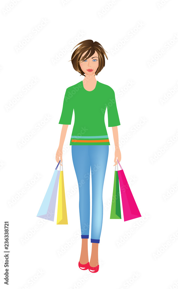 Girl holding shopping bags, vector