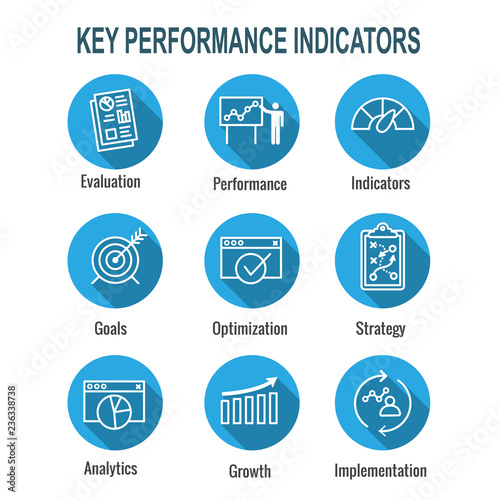KPI - Key Performance Indicators Icon set with Evaluation, Growth, Strategy, etc