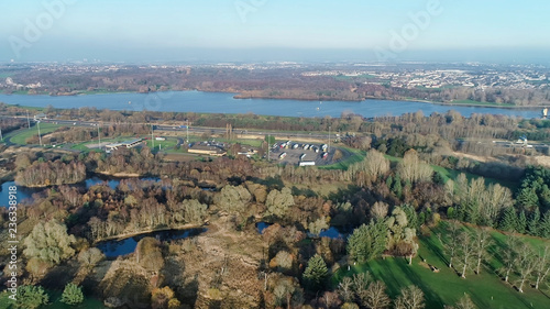Aerial image over a service station on the M74 motorway towards Strathclyde Park.