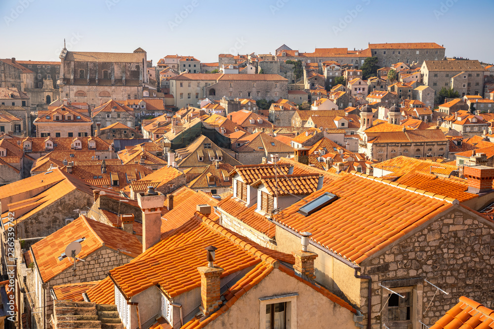 View of Dubrovnik red roofs in Croatia at sunset light