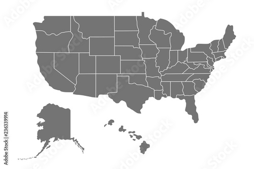 Map of United States of America (USA) with states, Alaska and Hawaii. Vector illustration isolated on white background