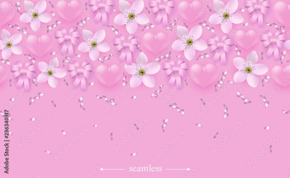 Pink hearts, flowers and ribbons seamless border pattern on white background - horizontal ornaments with pink romantic elements for holiday design in realistic vector illustration.