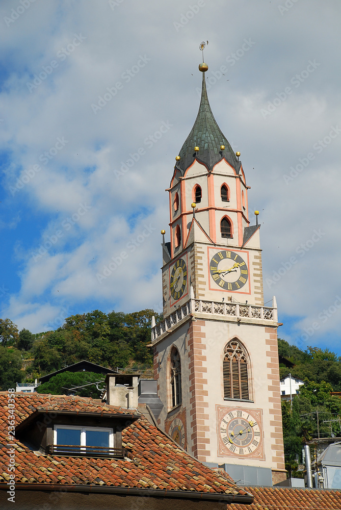 Meran, South Tyrol, Italy: The tower of St. Nicholas' Church