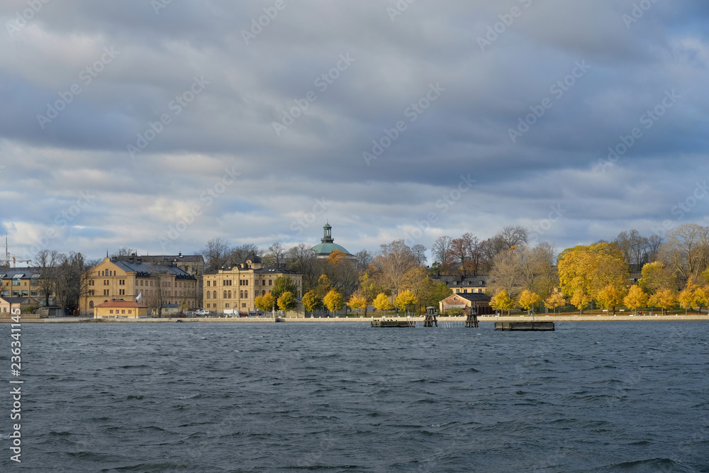 View on the island in Stockholm, Sweden. Beautiful sunny day in autumn.