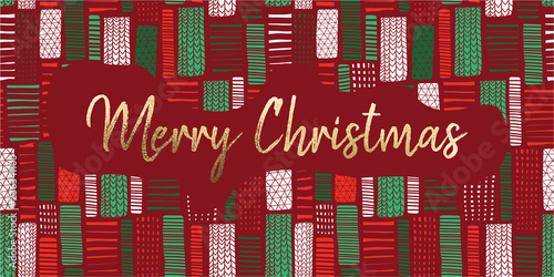 Merry Christmas gold foil hand drawn vector Christmas holiday illustration. Hand drawn red green rectangle blocks on red background. For posters, blog, card, decoration, december, party invitation.