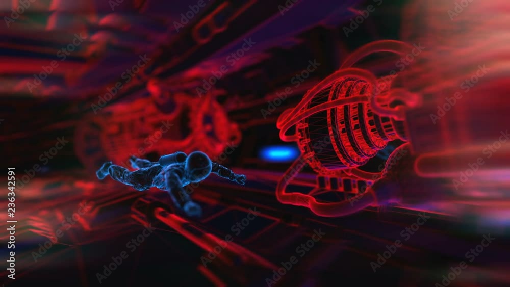 Astronauts in the interior of a paceship. Seamless neon retro futuristic animation with shallow deepth of field.