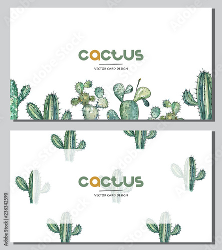 Vector illustration. Cactus collection. Pen drawing with watercolor style background. Card design set.