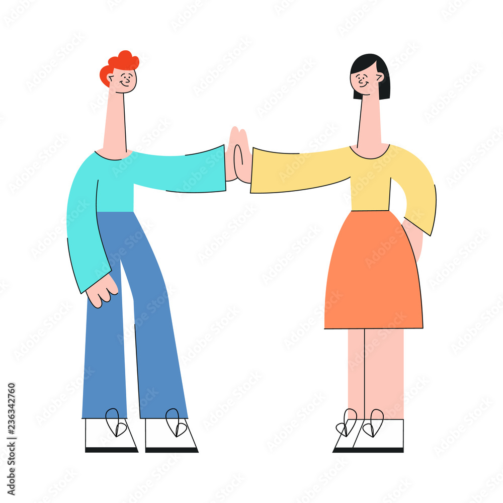 Fototapeta premium Young people giving each other five in flat style isolated on white background - vector illustration of smiling man and woman doing congratulating with success or greeting gesture.