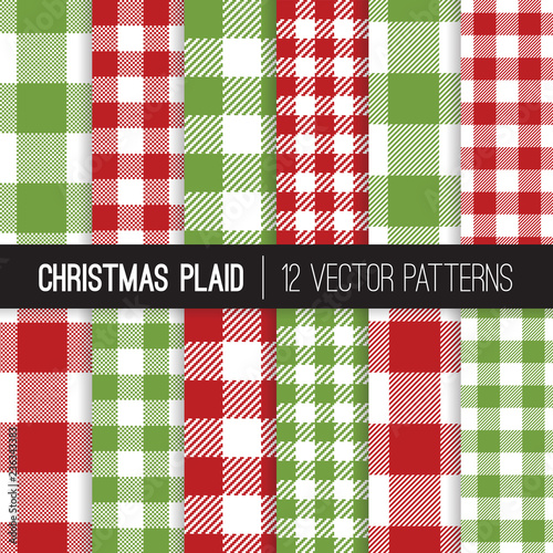 Christmas Red and Green Gingham and Buffalo Check Plaid Vector Patterns. Winter Holidays Backgrounds. Red White Green Checkered Tablecloth. Repeating Pattern Tile Swatches Included.