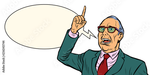Old man emotional speaker. Isolate on white background