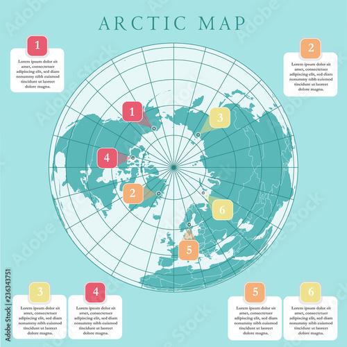 Arctic map with countries boundary, grid and label. Arctic regions of northern hemisphere. Circumpolar projection. Vector. Infographic. Green background.
