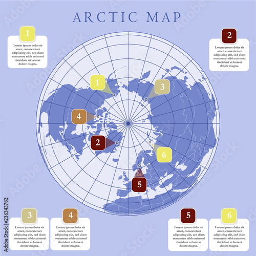 Arctic map with countries boundary, grid and label. Arctic regions of northern hemisphere. Circumpolar projection. Vector. Infographic. Purple background.