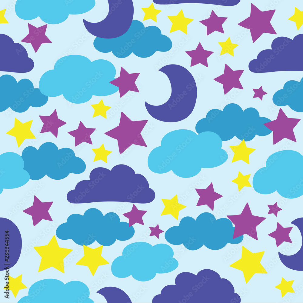 Vector, Blue, sun, moon, stars and clouds. seamless pattern background Vector, Blue, sun, moon, stars and clouds. seamless pattern background