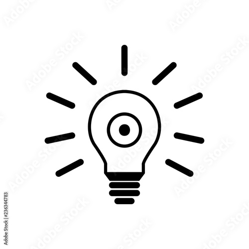 Glühbine mit Strahlen und Auge - Icon, Symbol, Piktogramm, grafisches Element - outline - schwarz - Hintergrund weiß - Vektor	