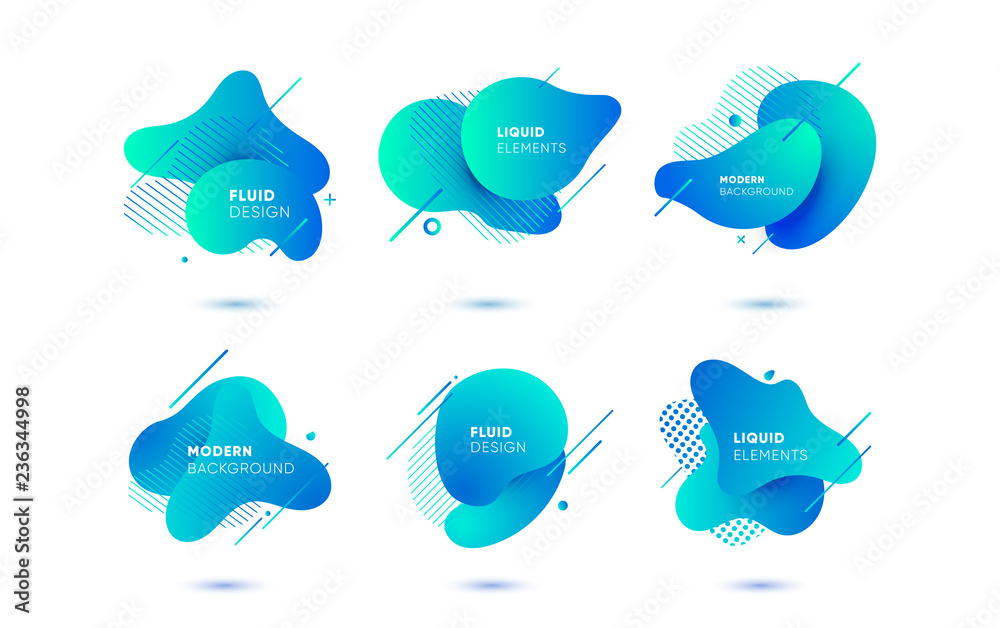 Dynamical colored graphic elements. Gradient abstract banners with flowing liquid shapes. Template for the design of a logo, flyer or presentation. Vector illustration.