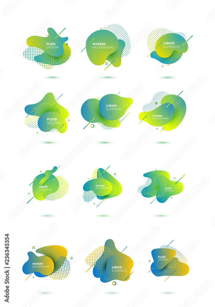 Dynamical colored graphic elements. Gradient abstract banners with flowing liquid shapes. Template for the design of a logo, flyer or presentation. Vector illustration.