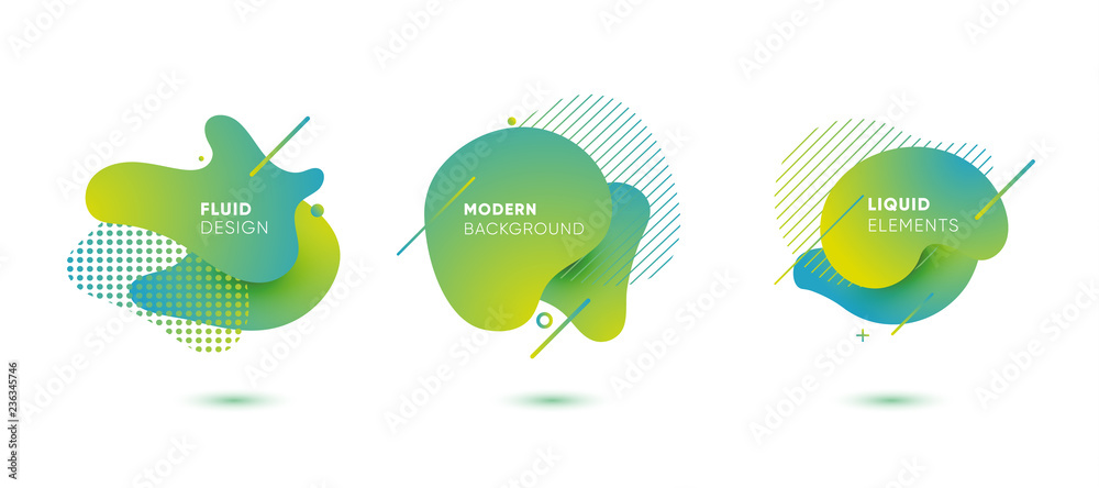 Dynamical colored graphic elements. Gradient abstract banners with flowing liquid shapes. Template for the design of a logo, flyer or presentation. Vector illustration.