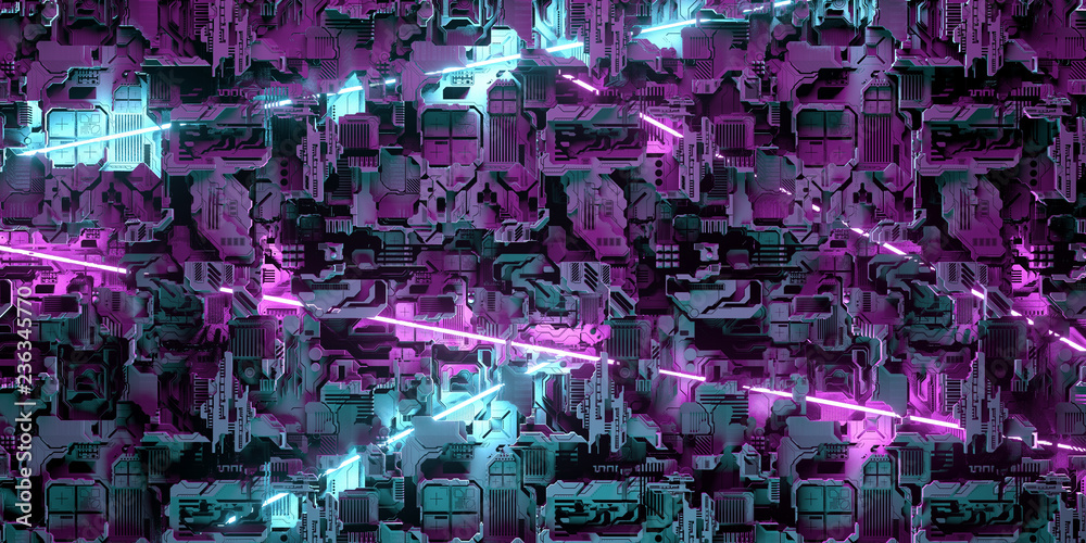 Obraz premium Futuristic Artificial Intelligence Sci Fi Computer Board With Neon Purple And Blue Laser Glowing Tubes In Details 3D Rendering