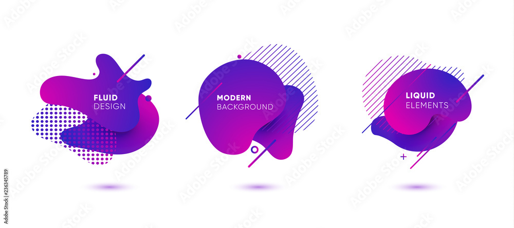 Dynamical colored graphic elements. Gradient abstract banners with flowing liquid shapes. Template for the design of a logo, flyer or presentation. Vector illustration.