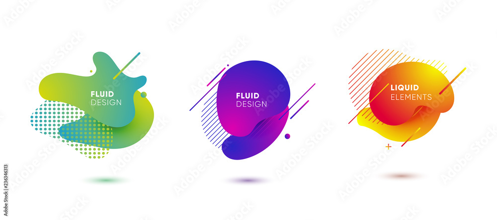 Dynamical colored graphic elements. Gradient abstract banners with flowing liquid shapes. Template for the design of a logo, flyer or presentation. Vector illustration.