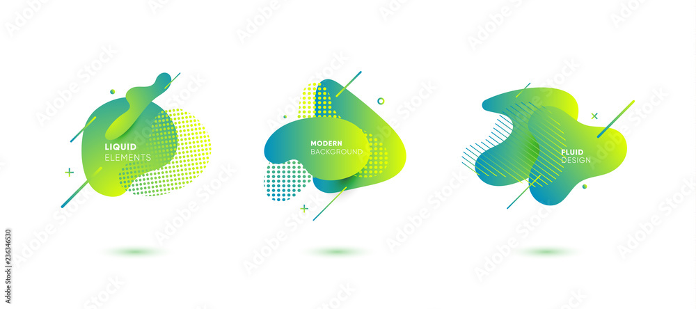 Dynamical colored graphic elements. Gradient abstract banners with flowing liquid shapes. Template for the design of a logo, flyer or presentation. Vector illustration.