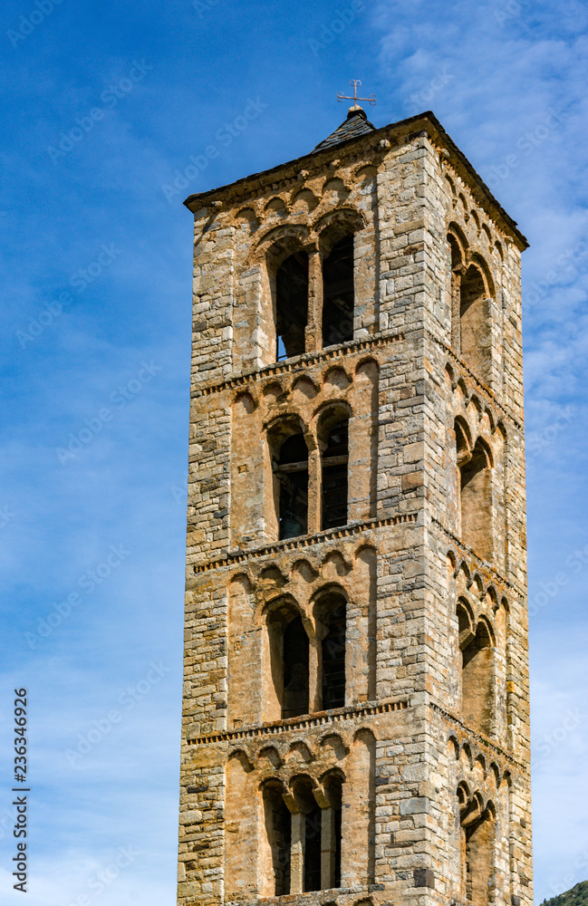 Belfry and church of Sant Climent de Taull, Catalonia, Spain. Catalan Romanesque Churches of the Vall de Boi are declared a UNESCO World Heritage Site Ref 988