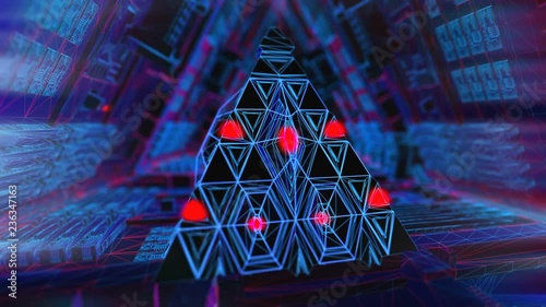 Geometric abstract pyramid in the interior of a paceship. Seamless neon retro futuristic animation with shallow deepth of field. photo